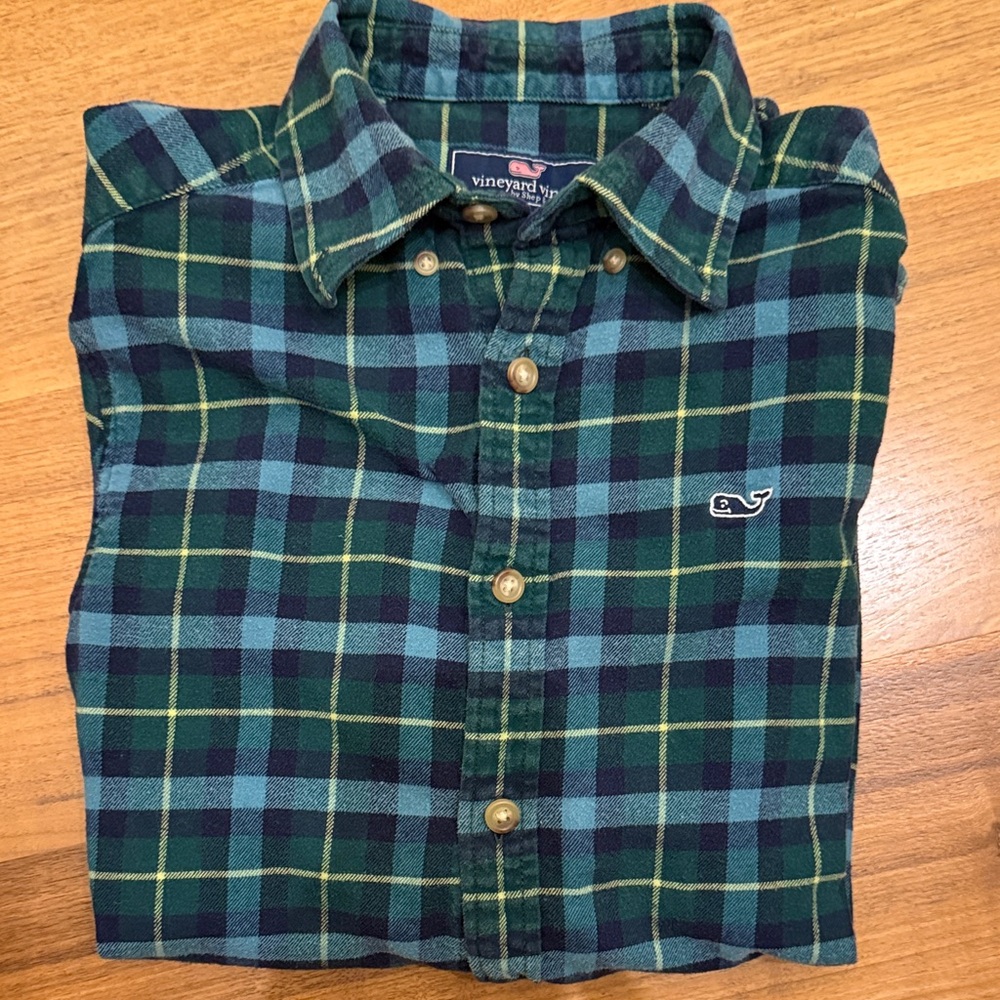 Vineyard Vines Men's Blue and Green Plaid Flannel Shirt